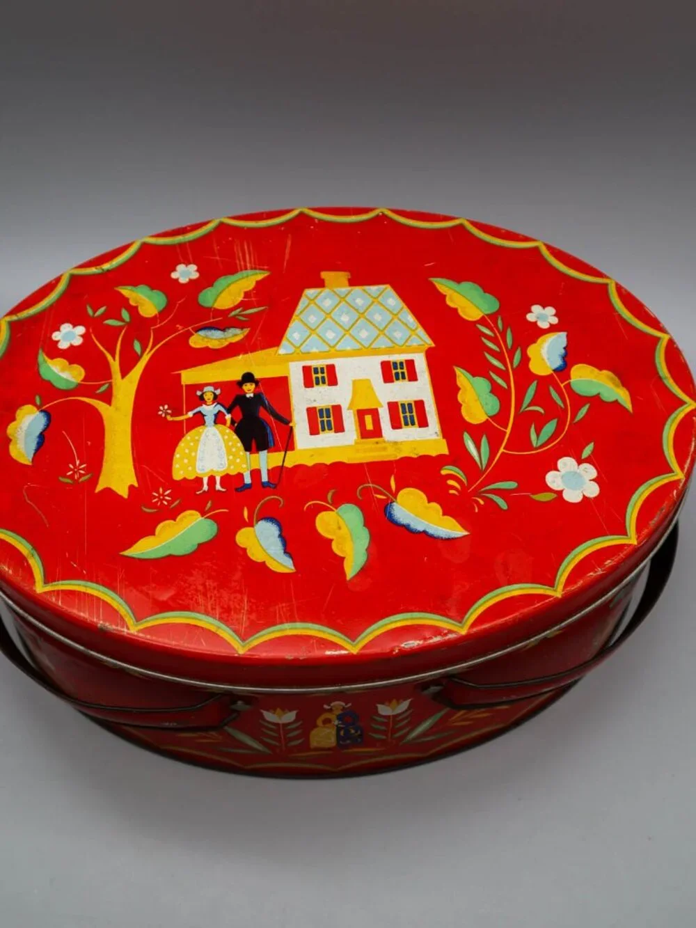 Vintage Pennsylvania Dutch Folk Art Storage Tin Sewing Basket w/ Swivel Handles